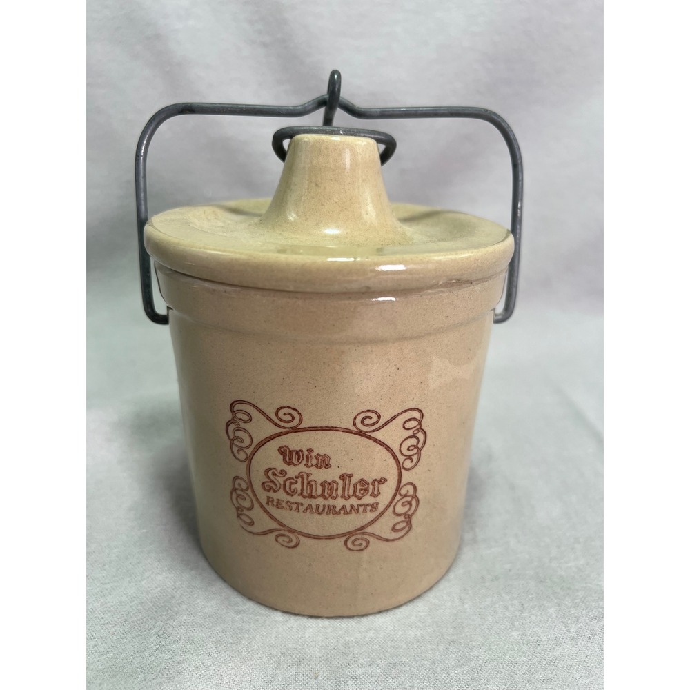 Win Schuler Restaurants Crock Tan Stoneware Wire Bale Lid Farmhouse Decor Small